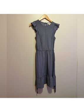 Monteau Navy Pinstripe Flutter Sleeve Midi Dress Tie Waist Ruffle Hem Stretch